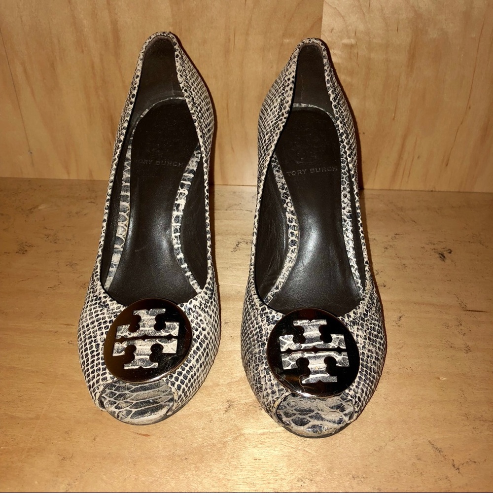 Tory Burch Python Kata Peep-Toe Wedges